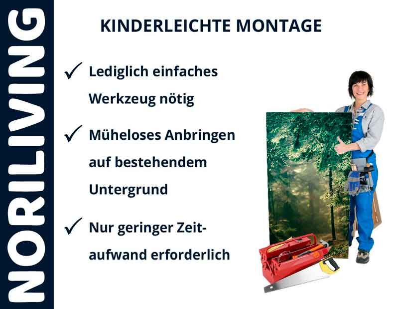 Frau in blauer Arbeitskleidung hält eine Wanddekoration, daneben steht Text über einfache Montage mit Noriliving.