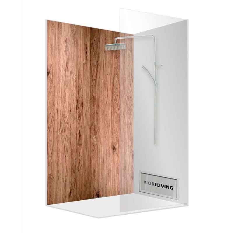 Eck-Duschkabine mit Glaswänden, Holzoptik und Regendusche von NoriLiving