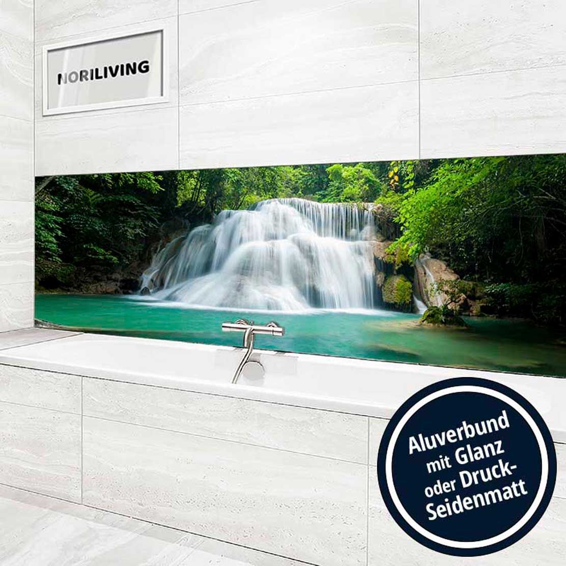 Ansicht des Badrückwand-Motivs Wasserfall Thailand 749 Höhe zentriert