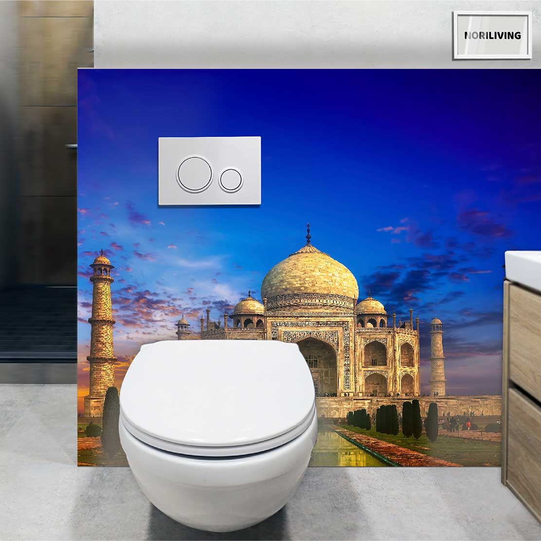 im WC eingebaute Toilettenrückwand mit Motiv Taj Mahal in Indien 239