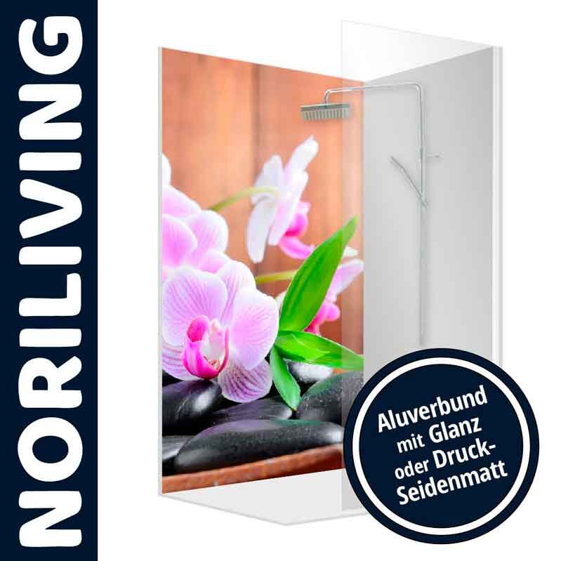 Duschwand mit Orchideenmotiv in Aluverbund, erhältlich in Glanz oder Druck-Seidenmatt
