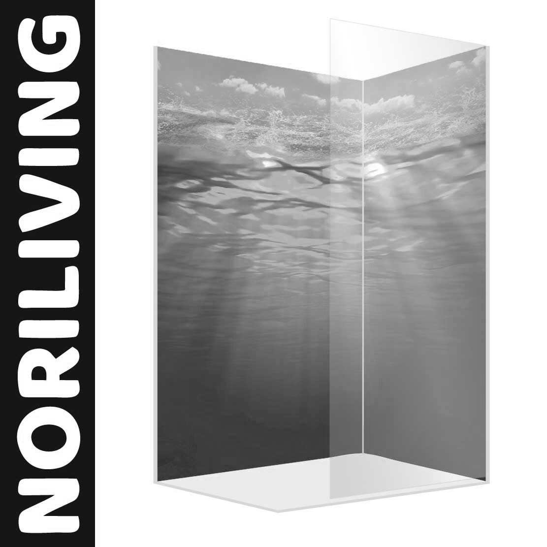 Abbildung einer Eck-Duschrückwand mit Motiv Unterwasser in der Tiefe 927a schwarz-weiß