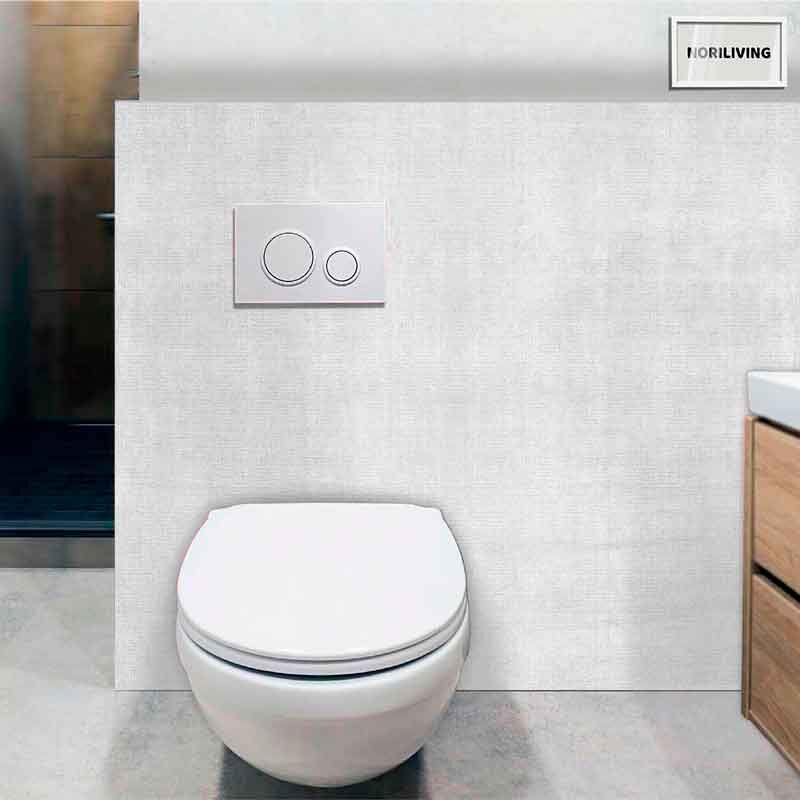Ein modernes Hänge-WC mit integriertem Spülkasten und Doppelspültaste in einem stilvollen Badezimmer.