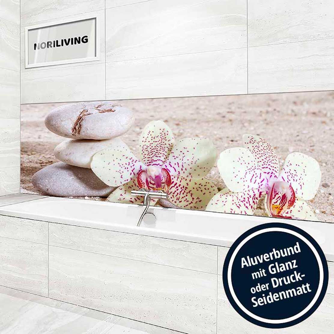 Ansicht des Badrückwand-Motivs Orchidee mit Zensteinen im Sand 609 Höhe zentriert