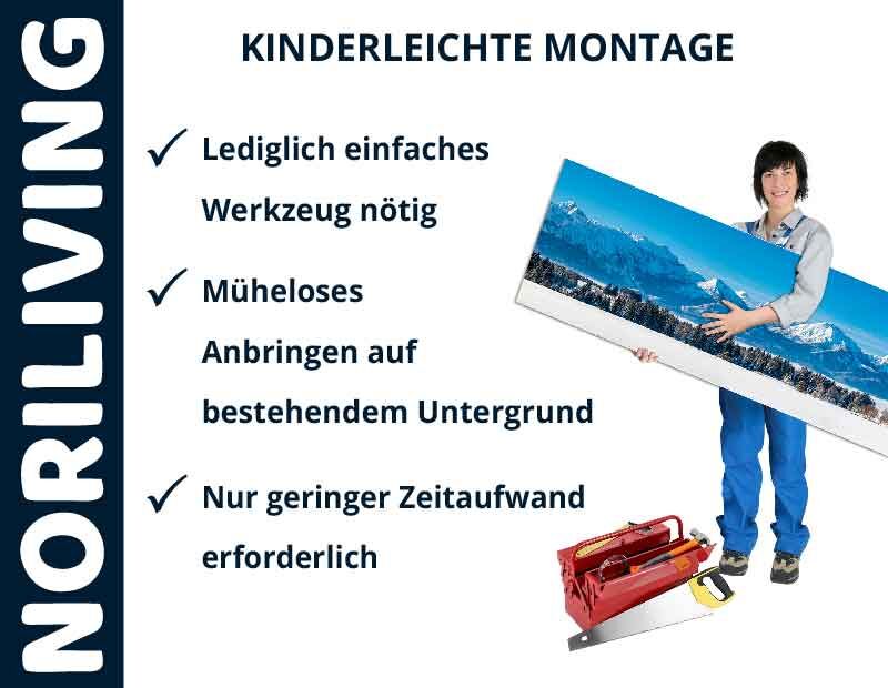 Werbung von Noriliving mit einer Person, die ein Bild mit Bergen hält. Text beschreibt die einfache Montage mit minimalem Werkzeugaufwand.