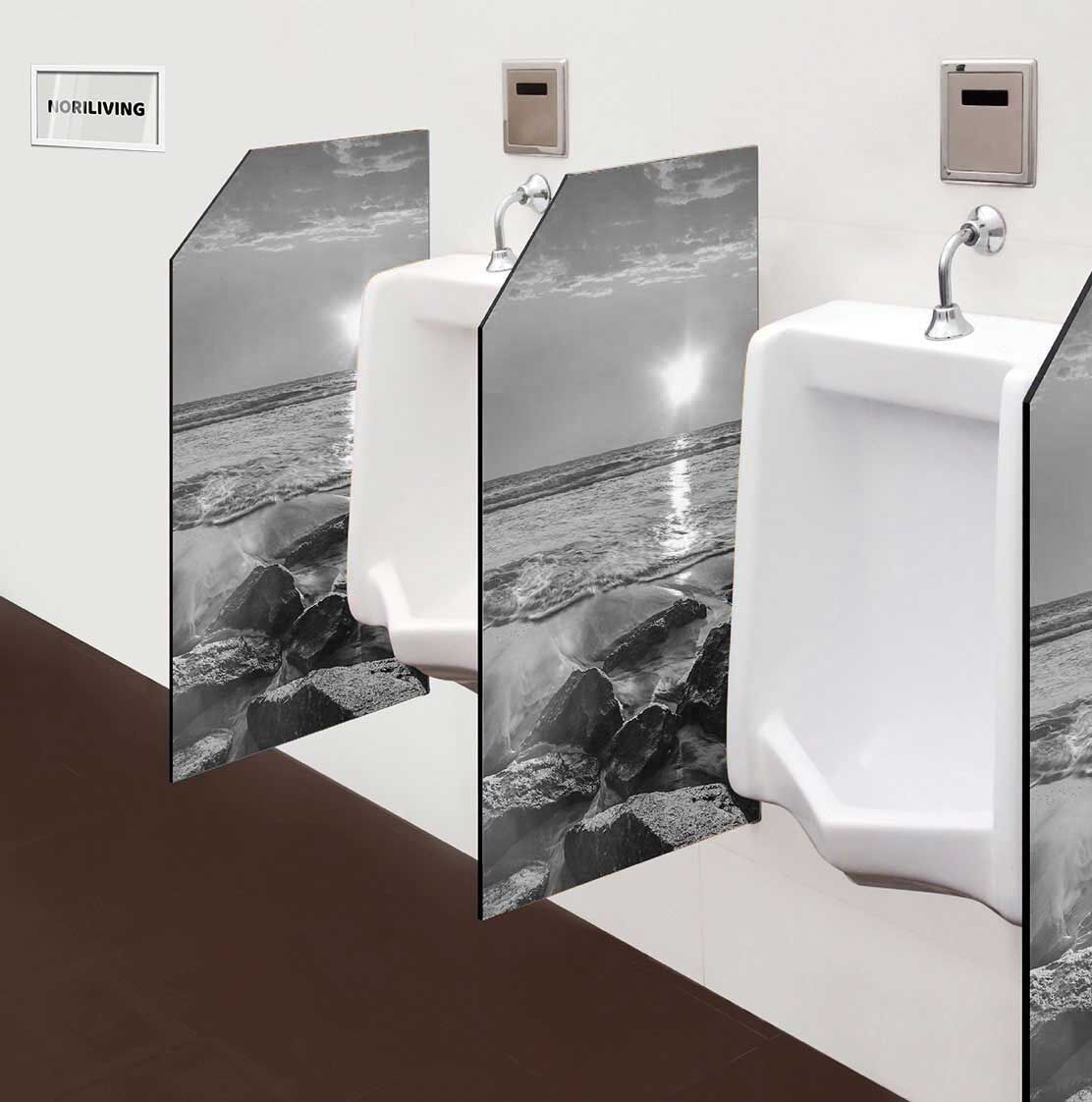 in der Toilette eingebaute Schamwand mit Motiv Wellen und Felsen am Strand bei Sonnenuntergang 844 schwarz-weiß