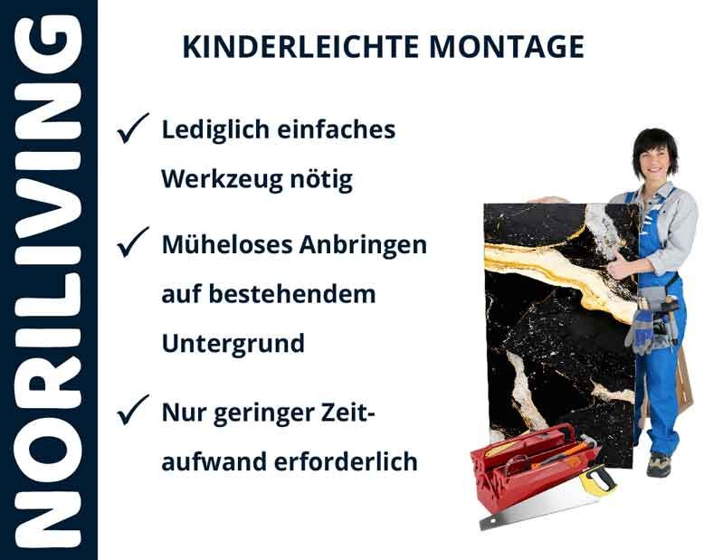 NORILIVING Werbung mit Montagehinweisen: Einfaches Werkzeug, müheloses Anbringen auf bestehendem Untergrund, geringer Zeitaufwand. Person mit Wanddeko in der Hand.