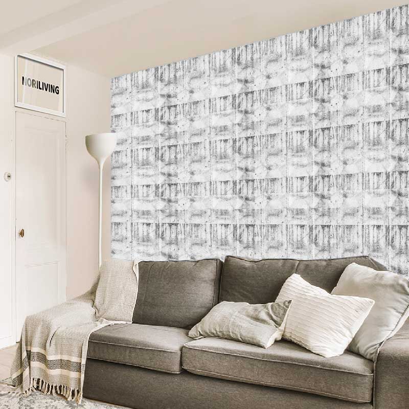 im Wohnzimmer eingebaute Wohnzimmerrückwand mit Motiv Weiße Zementputz-Wand 581 schwarz-weiß