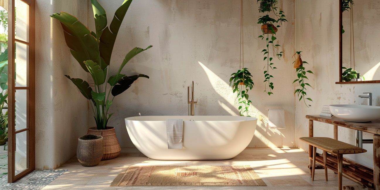 Modernes Badezimmer mit freistehender Badewanne und Pflanzen Helles Badezimmer mit freistehender Badewanne, großen grünen Pflanzen und stilvollen Holzmöbeln.