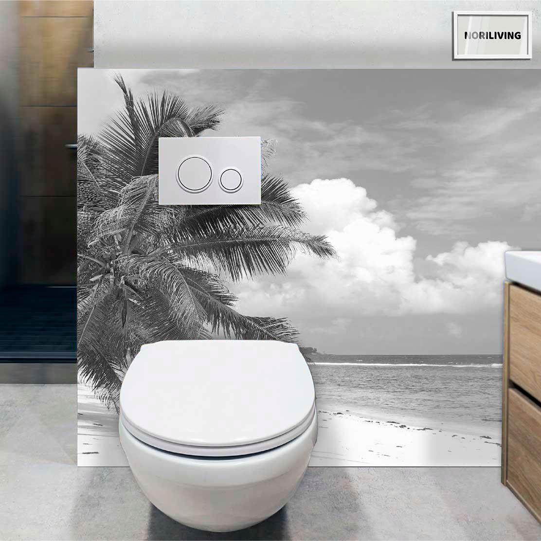im WC eingebaute Toilettenrückwand mit Motiv Palmenstrand 180 schwarz-weiß