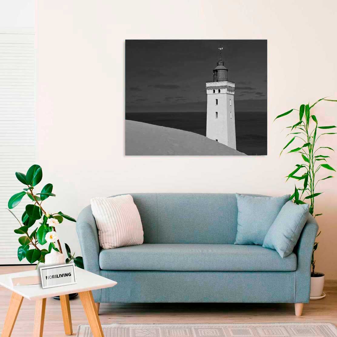 Wandbild über dem Sofa mit Motiv Leuchtturm auf einer Sanddüne Rubjerg Knude Dänemark 868 schwarz-weiß
