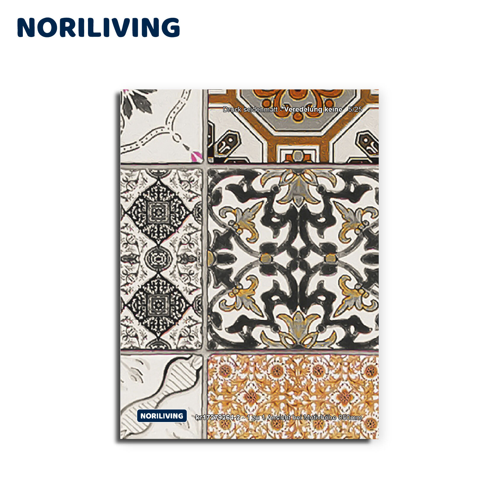 Nahaufnahme von dekorativen Fliesen mit verschiedenen geometrischen und floralen Mustern in Schwarz, Weiß und Orange