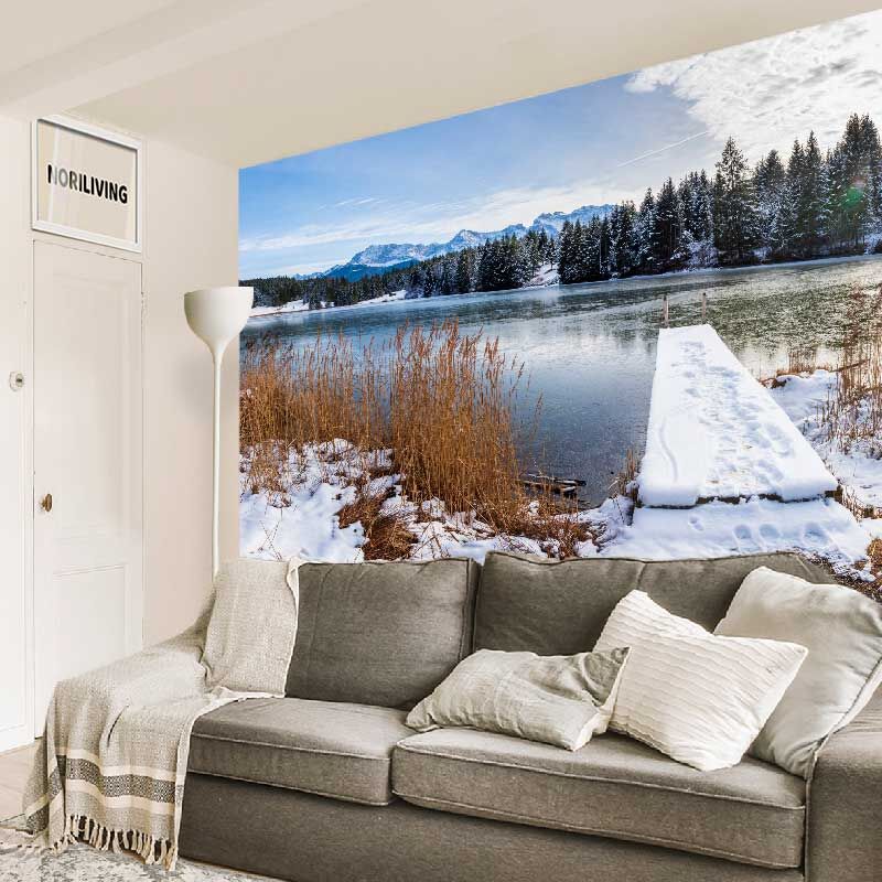 im Wohnzimmer eingebaute Wohnzimmerrückwand mit Motiv See im Winter 279