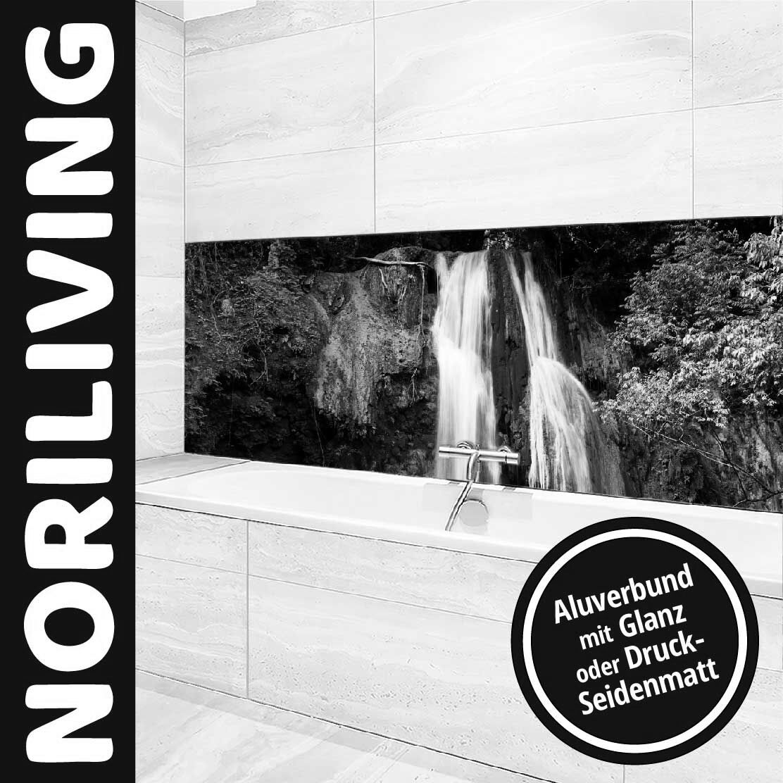 Ansicht des Badrückwand-Motivs Wasserfall 648 schwarz-weiß Oberkante