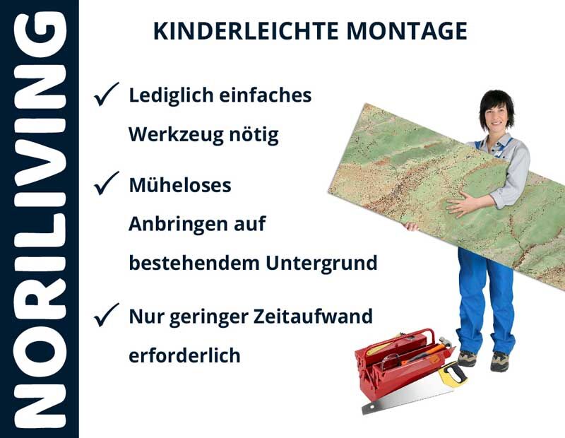Person hält Wandpaneel, mit Werkzeugen für einfache Montage und Text über kinderleichte Installation von NORILIVING Produkten.