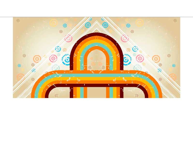 Illustration mit bunten, gewölbten Linien und verschiedenen Kreisen auf beigem Hintergrund, im Retro-Stil gehalten.