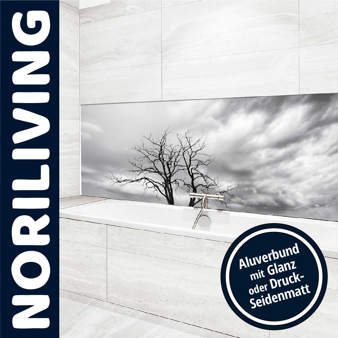 Elegante Badezimmergestaltung mit Noriliving Aluverbund-Rückwand, Glanz oder Druck-Seidenmatt, mit Naturdruckmotiv.