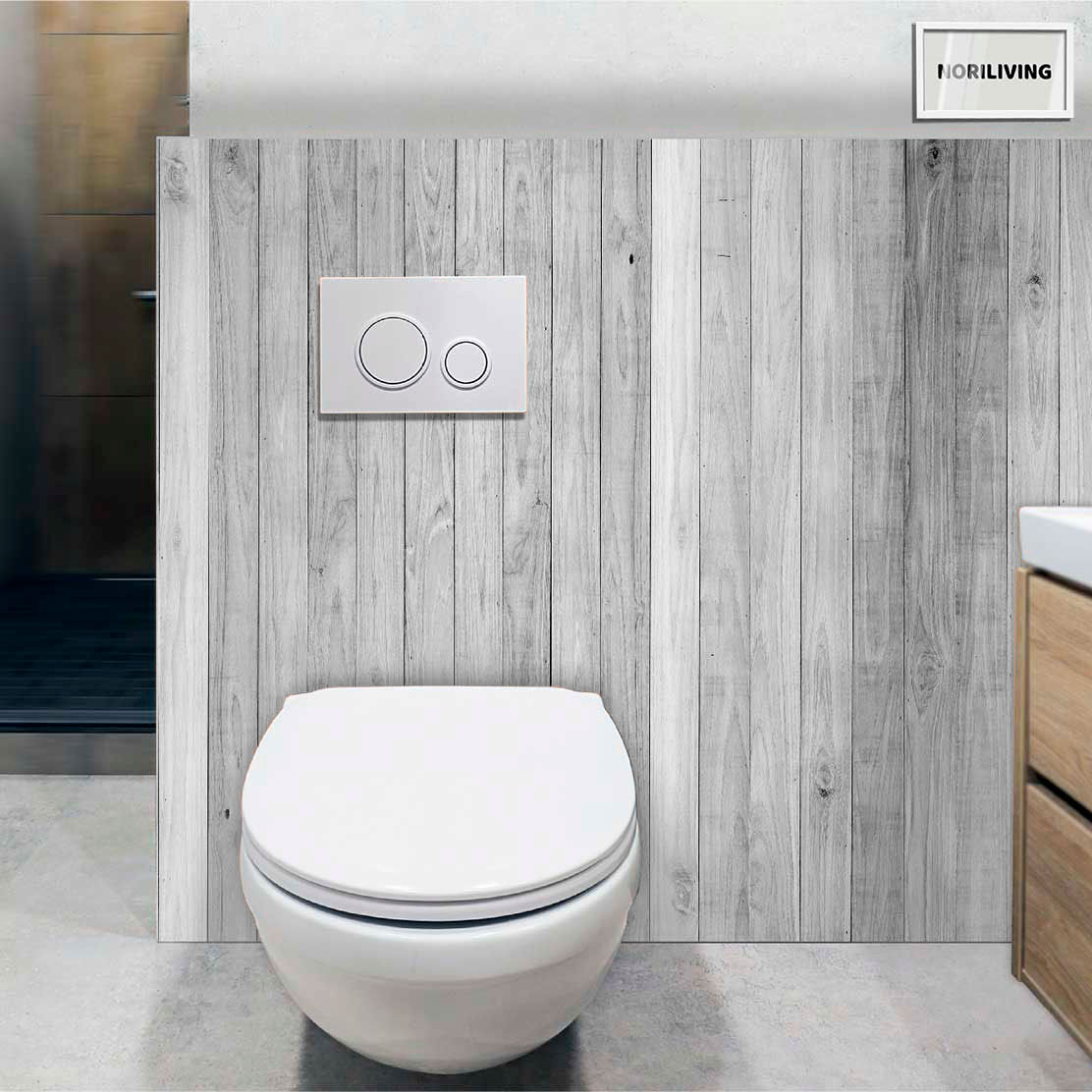 im WC eingebaute Toilettenrückwand mit Motiv Holzzaun 304 schwarz-weiß