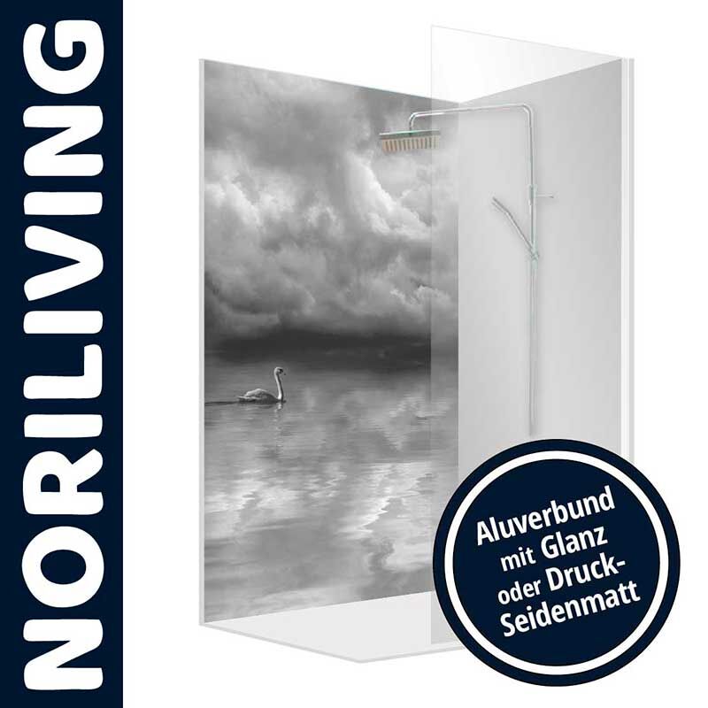 Duschwand von Noriliving mit Schwan-Motiv und Wolken im Hintergrund aus Aluverbund mit Glanz oder Druck-Seidenmatt