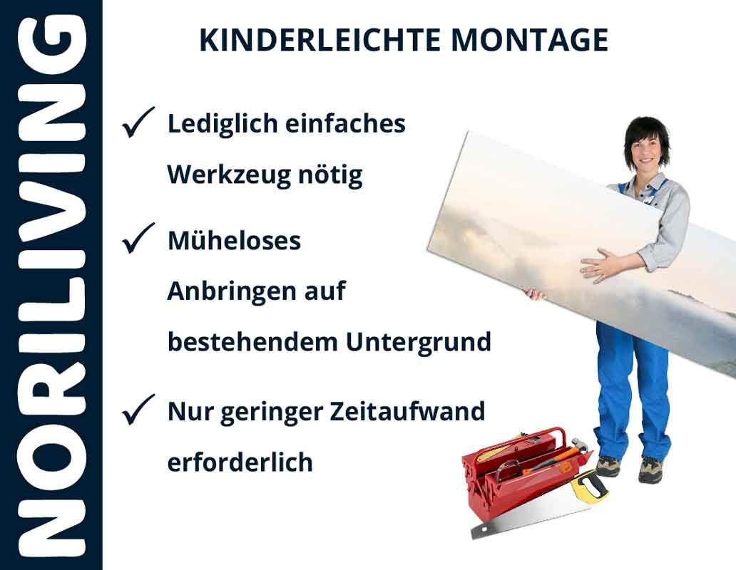 Person hält ein Montagepaneel mit Werkzeug, zeigt einfache Montageanleitung von NORILIVING