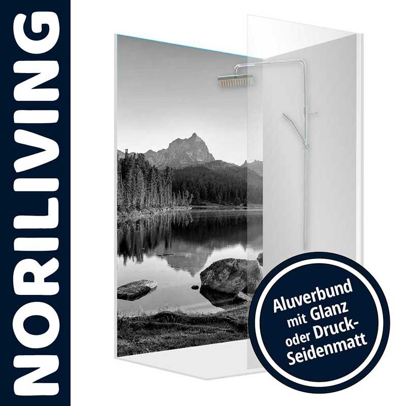Badezimmer Duschrückwand von NORILIVING mit Schwarzweiß-Bergmotiv, Aluverbund in glänzender oder seidenmatter Ausführung