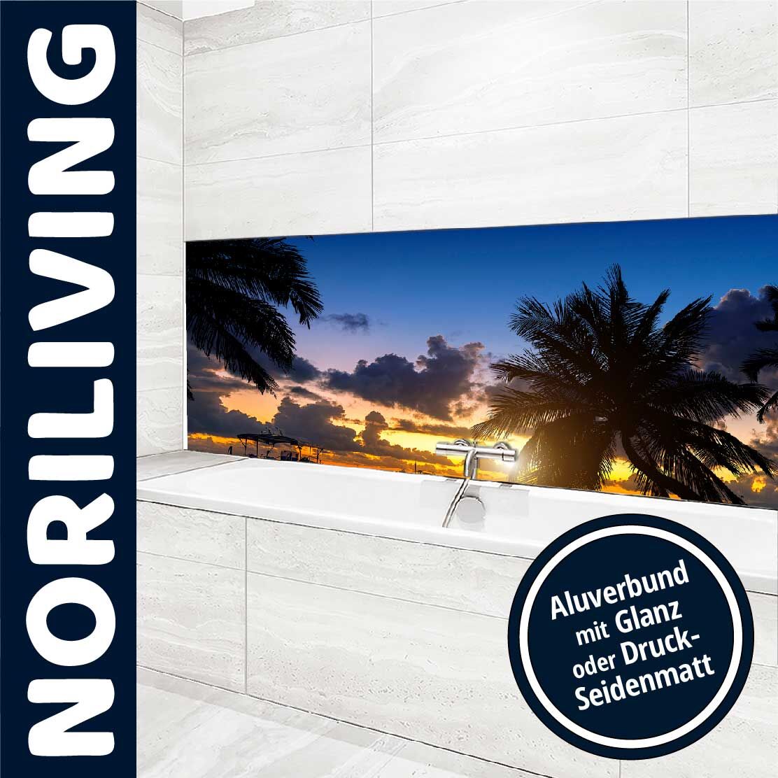 Ansicht des Badrückwand-Motivs Tropischer Strand bei Sonnenuntergang mit Palmen 653 Oberkante