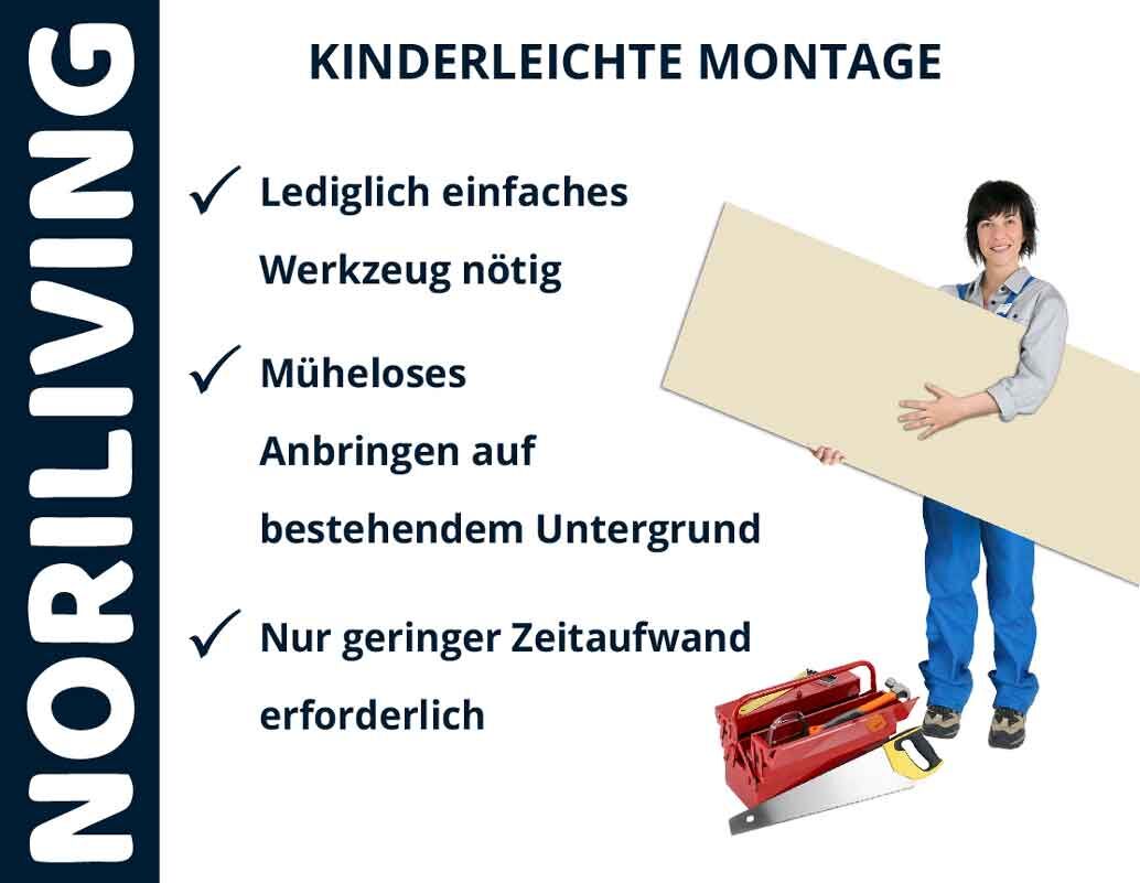Noriliving Montageanleitung mit Werkzeug und Person, die eine Platte hält