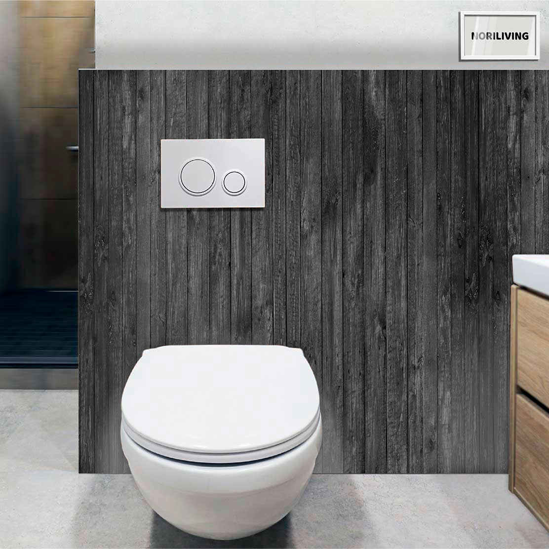 im WC eingebaute Toilettenrückwand mit Motiv Alte Holzbohlen 056 schwarz-weiß