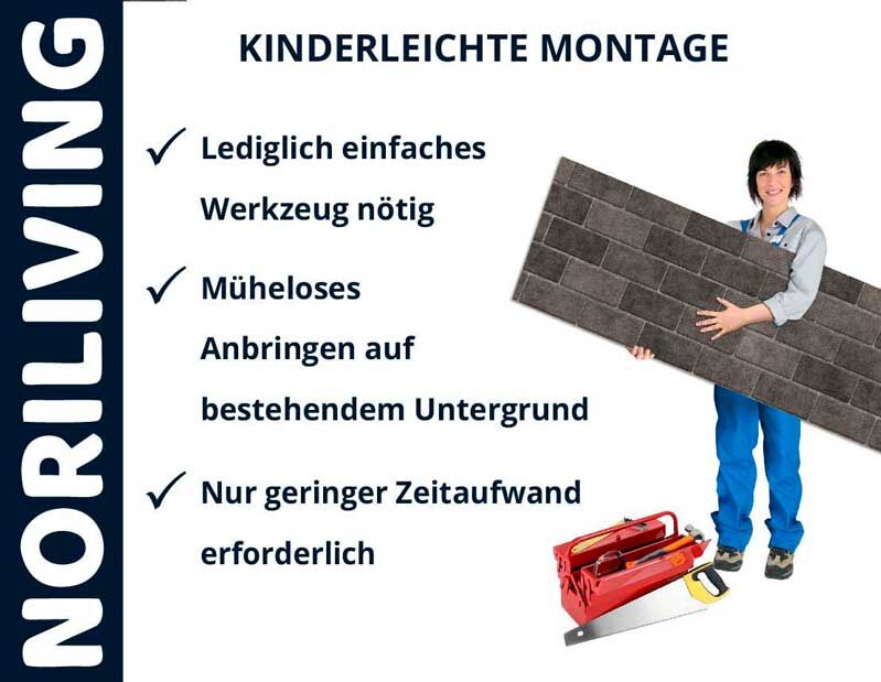 Frau mit NORILIVING-Wandpaneel, einfacher Montagehinweis und Werkzeug