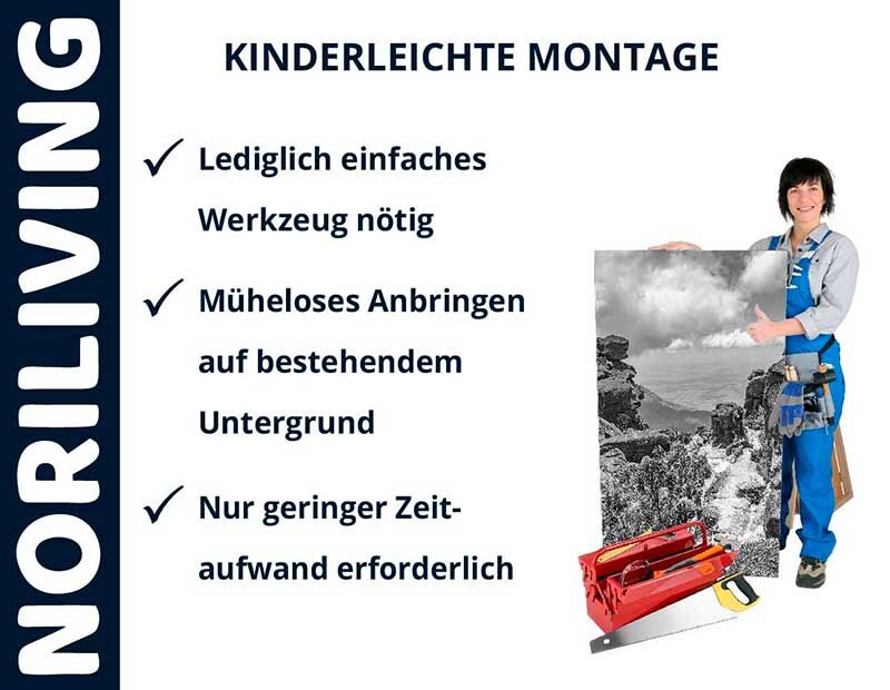 Eine Person präsentiert eine einfache Montageanleitung von NORILIVING für Bilder, die mit minimalem Werkzeug und Aufwand angebracht werden können.