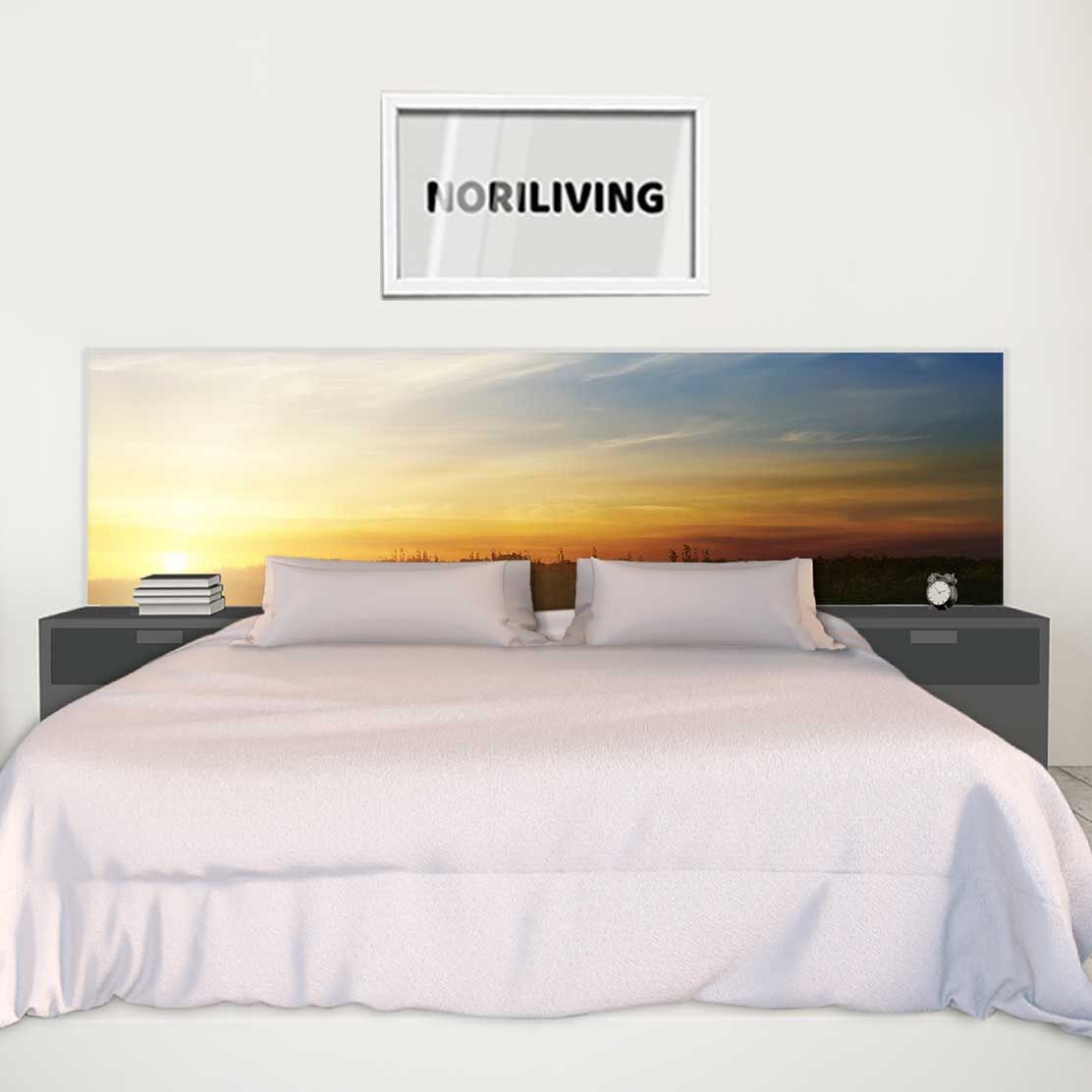 im Schlafzimmer eingebaute Bettrückwand mit Motiv Sonnenuntergang über dem Fluss mit Schwänen 749