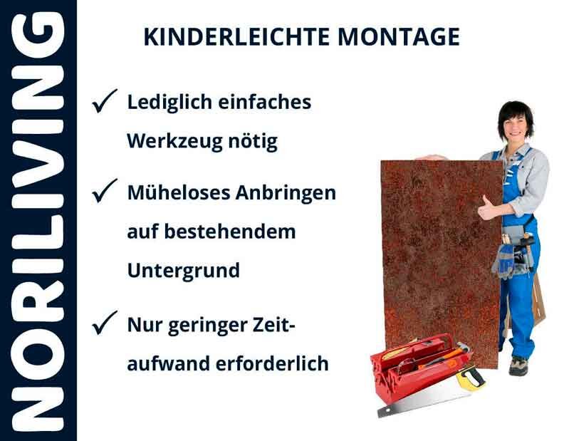 Frau mit Montageplatte von NoriLiving vor weißem Hintergrund, einfache Montagehinweise.