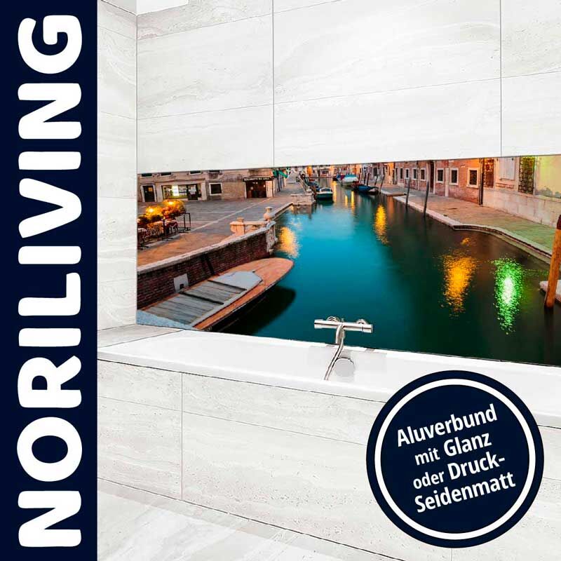 Moderne Badezimmerwand mit Fotomotiv von venezianischem Kanal, angeboten von NORILIVING aus Aluverbund mit Glanz oder Druck-Seidenmatt