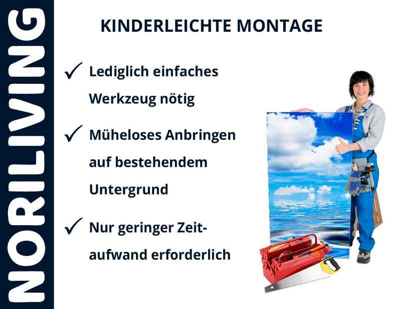 Frau präsentiert kinderleichte Montageanleitung für Noriliving-Wanddekoration mit Werkzeug