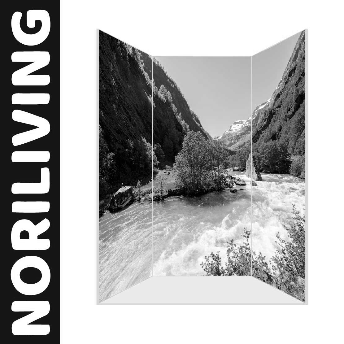 Abbildung einer Nischen-Duschrückwand mit Motiv Schönes Flam-Tal in Norwegen 082 schwarz-weiß