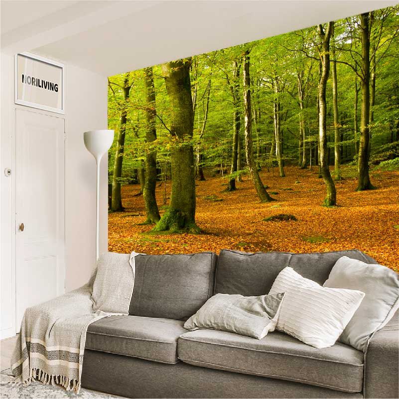 im Wohnzimmer eingebaute Wohnzimmerrückwand mit Motiv Herbstwald 857