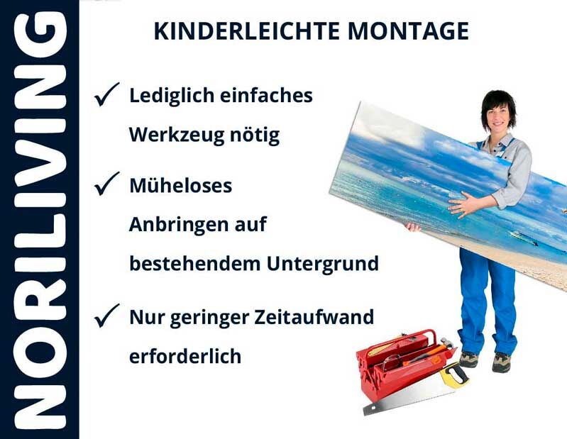 Person hält ein Wandbild vor weißem Hintergrund, begleitet von Werkzeugkasten und Text: kinderleichte Montage mit einfachem Werkzeug und geringem Zeitaufwand.