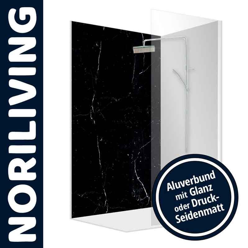 NORILIVING Duschwand, schwarz marmoriert, Aluverbund, Glanz oder Seidenmatt