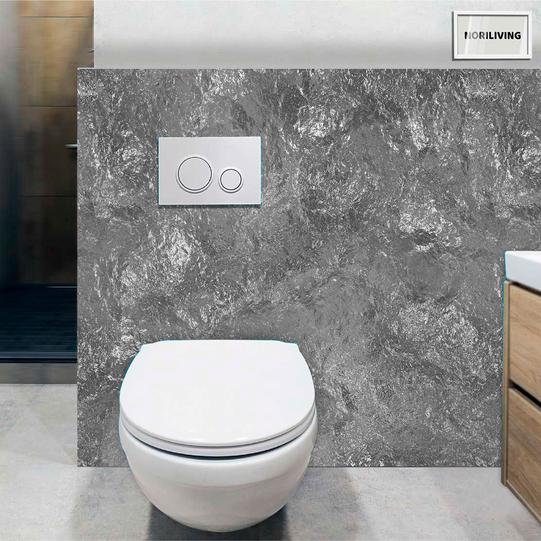 im WC eingebaute Toilettenrückwand mit Motiv Wasser Optik blau 112 schwarz-weiß