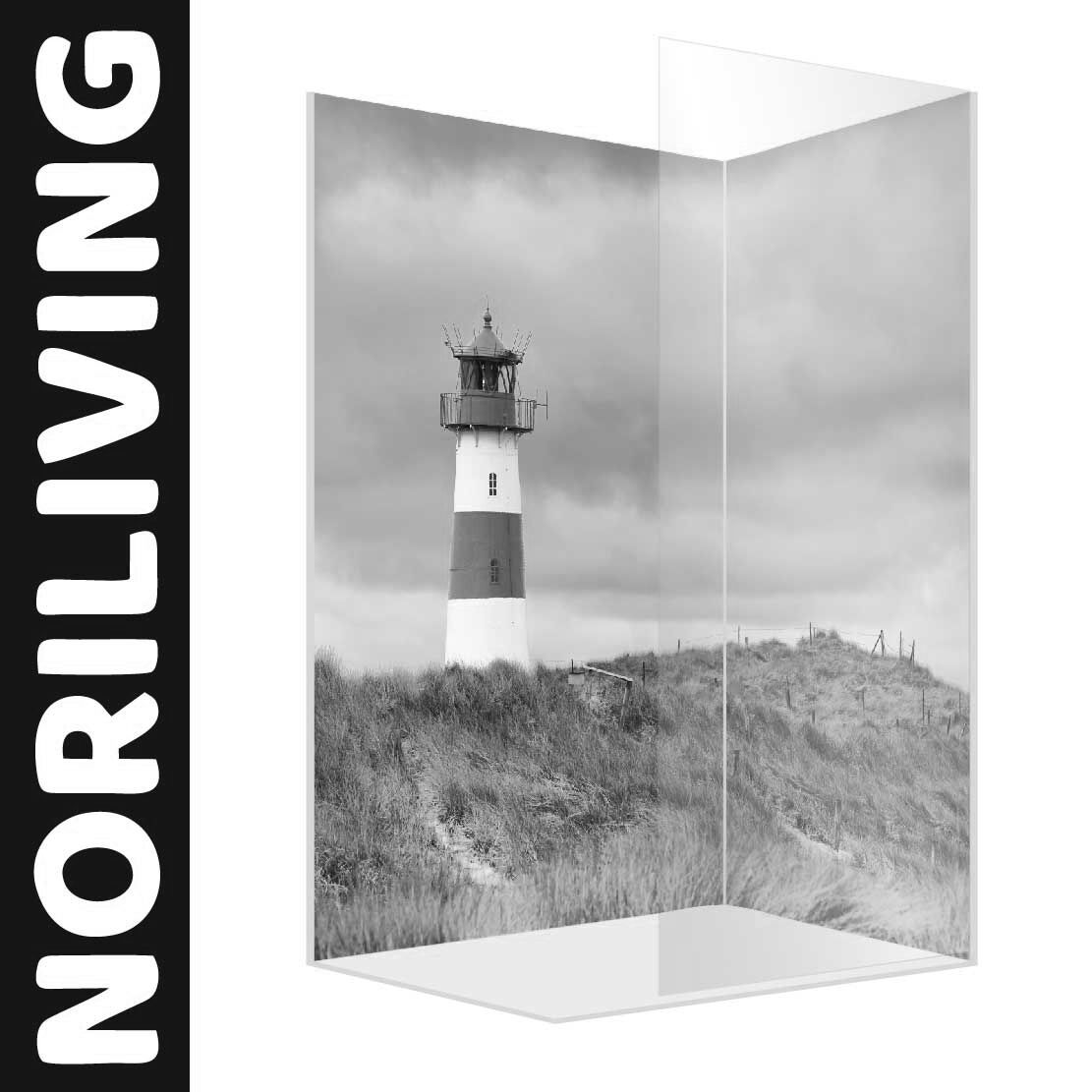 Abbildung einer Eck-Duschrückwand mit Motiv Leuchtturm von List auf Sylt Nordsee 809 schwarz-weiß