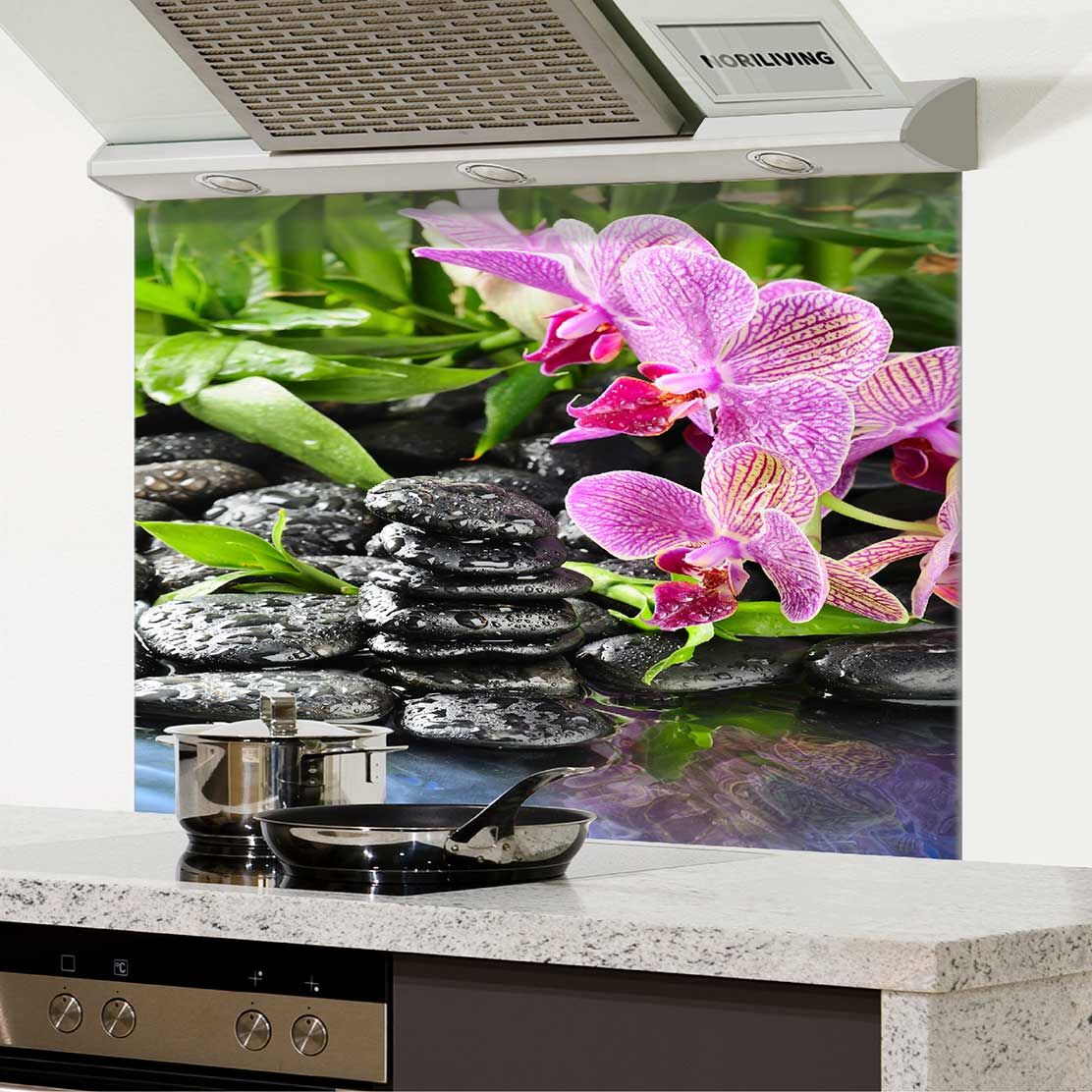 in der Küche eingebauter Spritzschutz Küche - Herd mit Motiv Zen Steine mit Orchideen 701