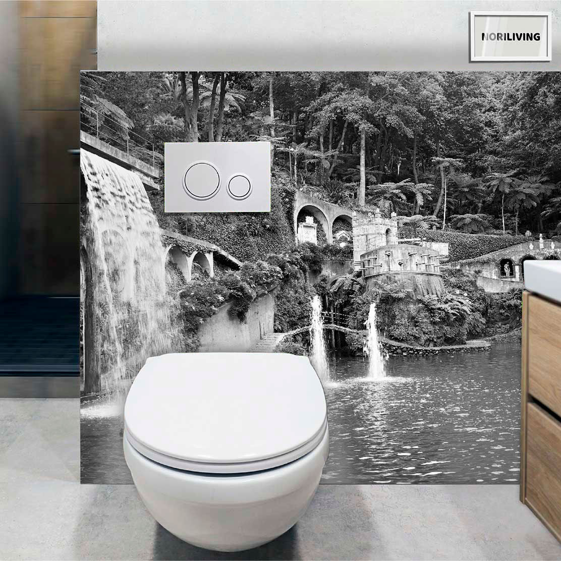 im WC eingebaute Toilettenrückwand mit Motiv tropischer Garten Monte Palace Madeira 417 schwarz-weiß