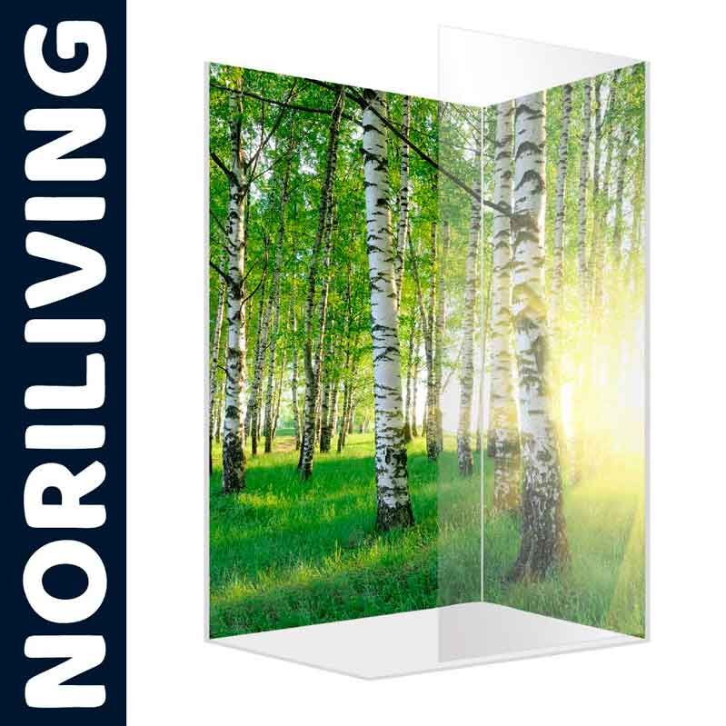 Duschwand mit naturgetreuem Birkenwald-Motiv, leuchtendes Grün von Noriliving