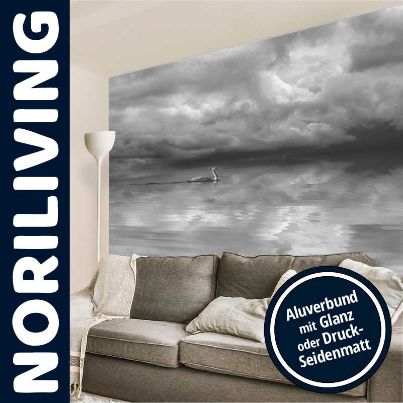 Wohnzimmer mit großem Wandbild, das einen Schwan auf einem stillen See unter bewölktem Himmel zeigt, geeignet für Aluverbund mit Glanz oder Druck-Seidenmatt.