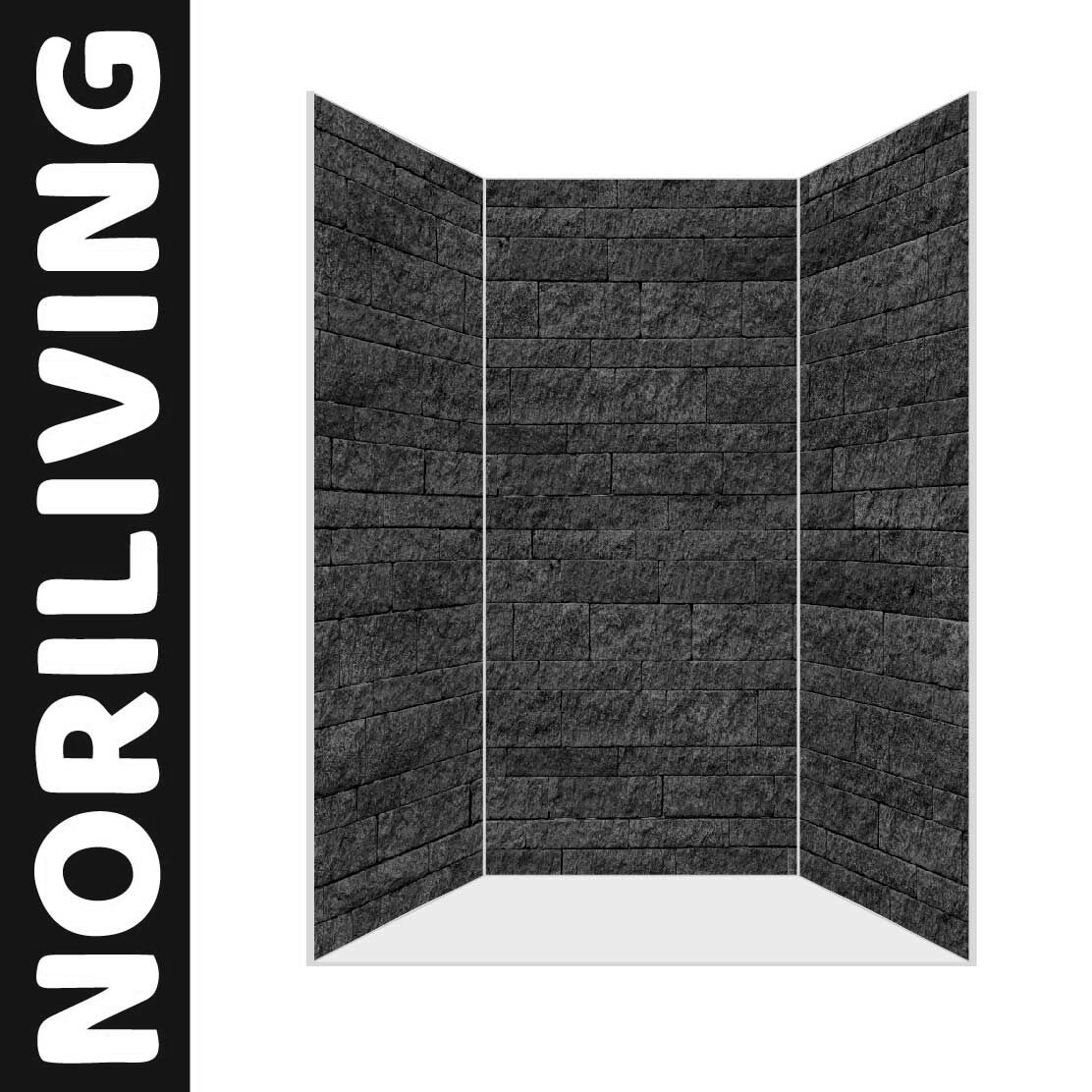 Nischen-Duschrückwand Motiv Steinwand beige - blau 430 schwarz-weiß Abbildung einer Nischen-Duschrückwand mit Motiv Steinwand beige - blau 430 schwarz-weiß