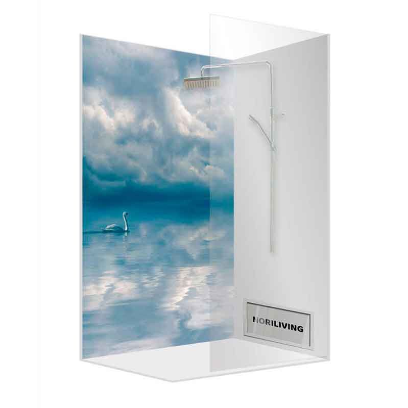 Duschwand mit Himmel und Schwan-Motiv sowie moderner Regenbrause
