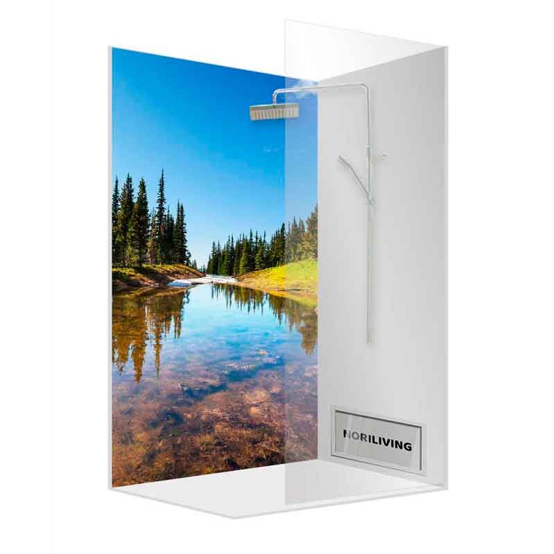 Duschkabine mit Wald und See Motiv auf der Rückwand