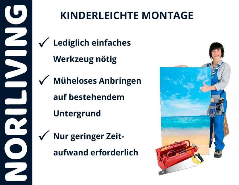 NORILIVING Werbebild zeigt eine Person mit einem Bild von einem Strand und einer Werkzeugtasche, kinderleichte Montage-Hinweise.