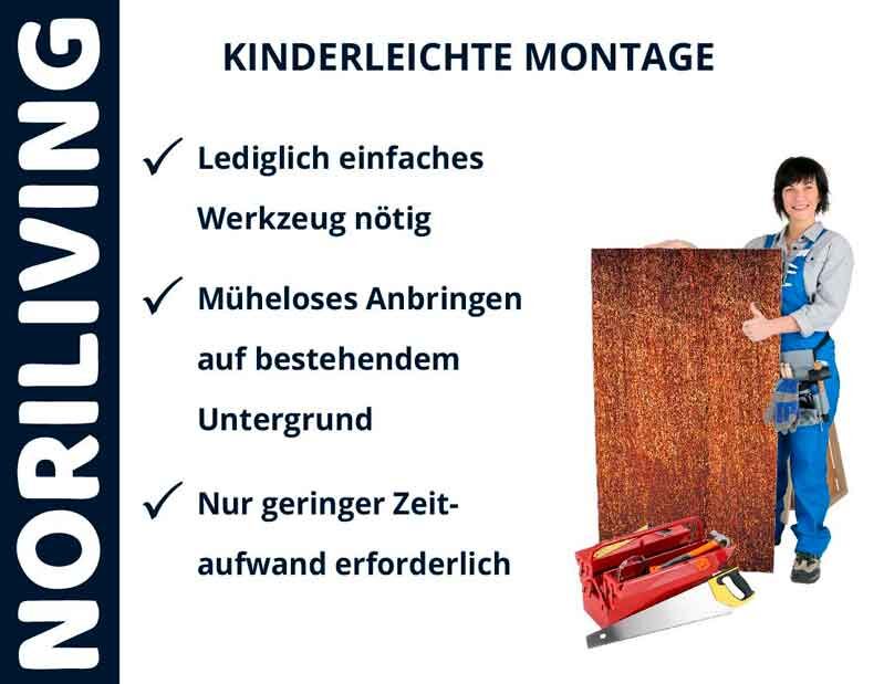 Bild zeigt eine Person in Arbeitskleidung mit einem Montagepaneel von NORILIVING. Text: 'Kinderleichte Montage, einfache Werkzeuge erforderlich, müheloses Anbringen, geringer Zeitaufwand'.