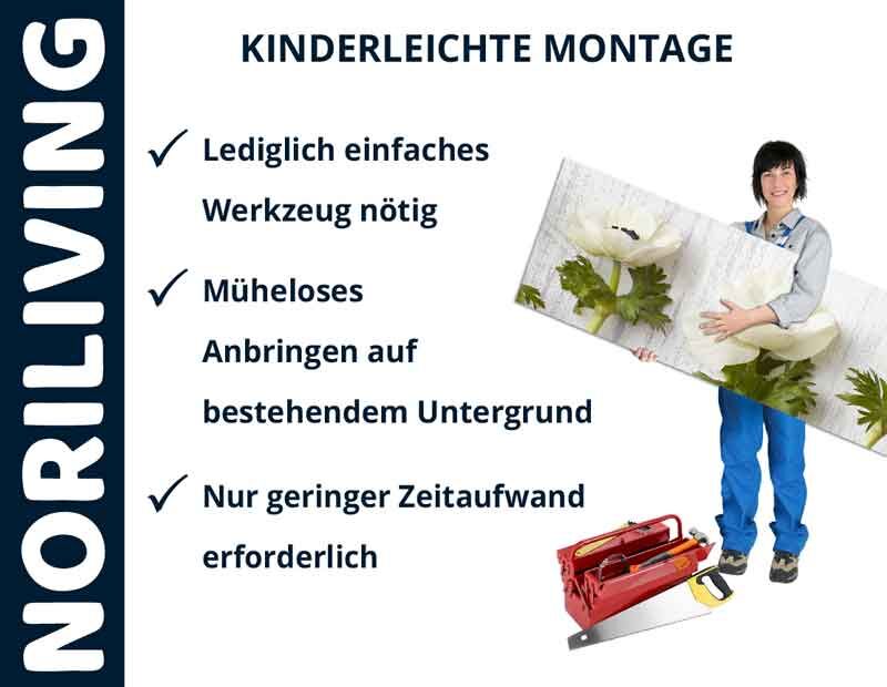 Person hält ein großes Bild mit einer Blume und Werkzeugkoffer. Text beschreibt einfache Montage mit minimalem Werkzeug.